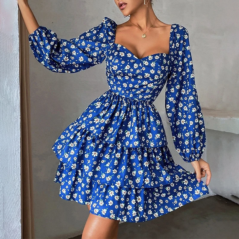 

Женское платье с цветочным принтом, повседневное уличное платье миди с длинным рукавом, квадратным вырезом, оборками и высокой талией, лето-...