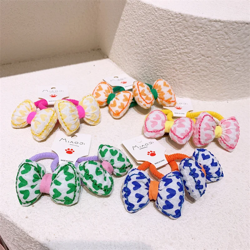 

1 Pair New Fashion Sweet Girl Cute Love Fabric Cotton Bow Rubber Band Hair Rope Korean Children's Ponytail Hair Accessories