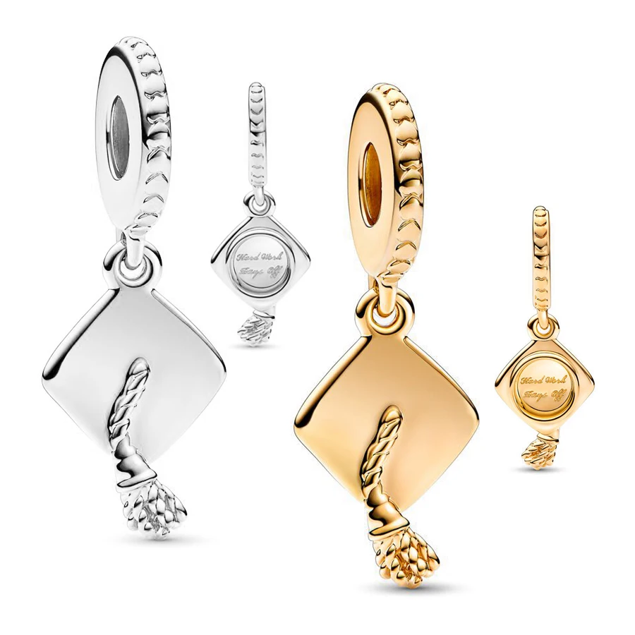 

New Silver and Gold Color Graduation Cap Dangle Charm Fit Original Pandora Bracelet DIY Pendant Jewelry Gift for Family Friend