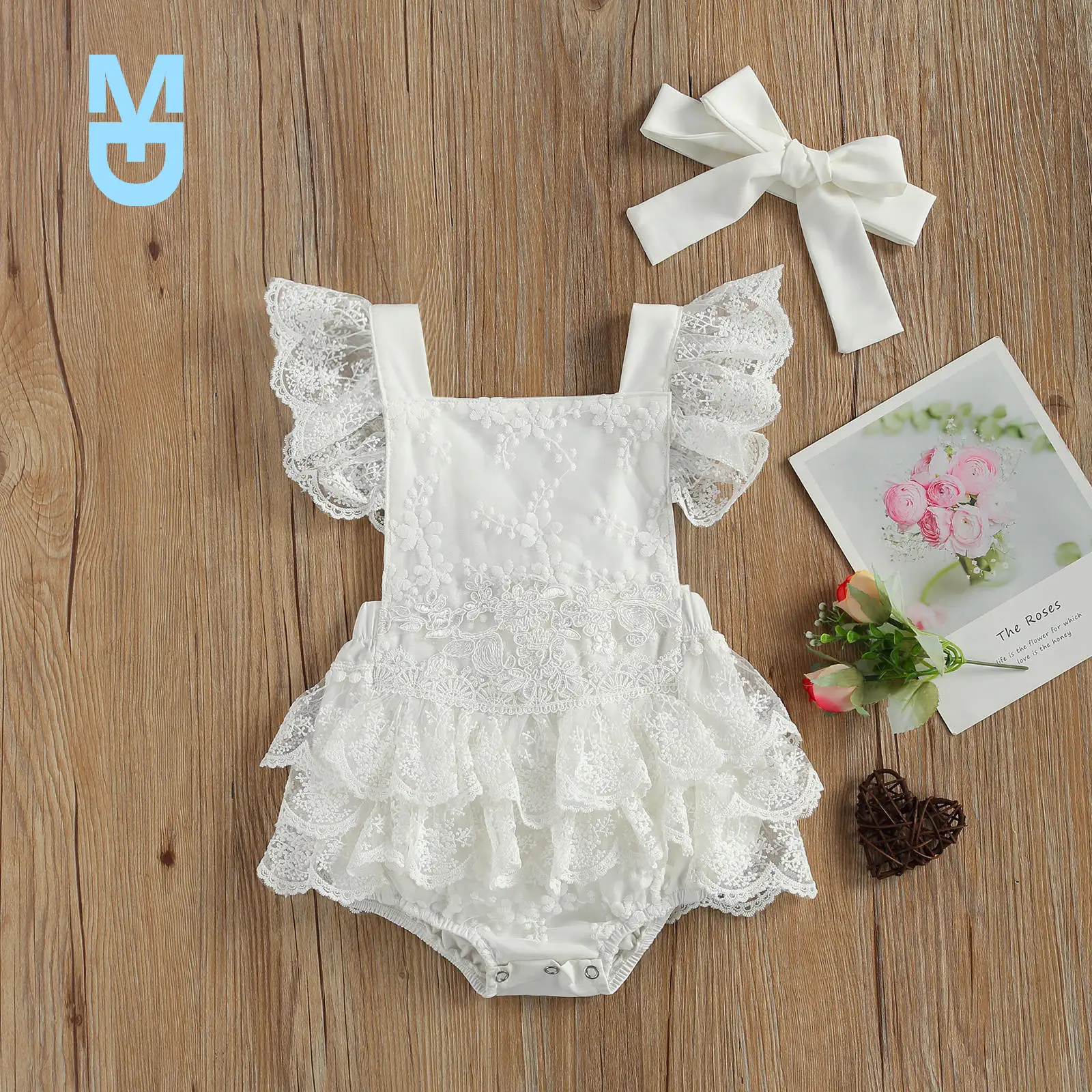 

New Princess Lace Baby Girls Summer Outfits Bodysuits Cute Ruffle Sleeve Floral Lace Tutu Playsuit with Headband Set Toddler Clo