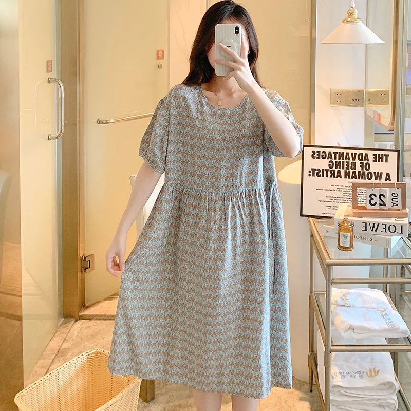 2023Summer Short Sleeved Pajamas Women's Thin Cotton Silk Pajamas Home Wear Waist drawstring Fresh Oversized Cotton Silk Dresse
