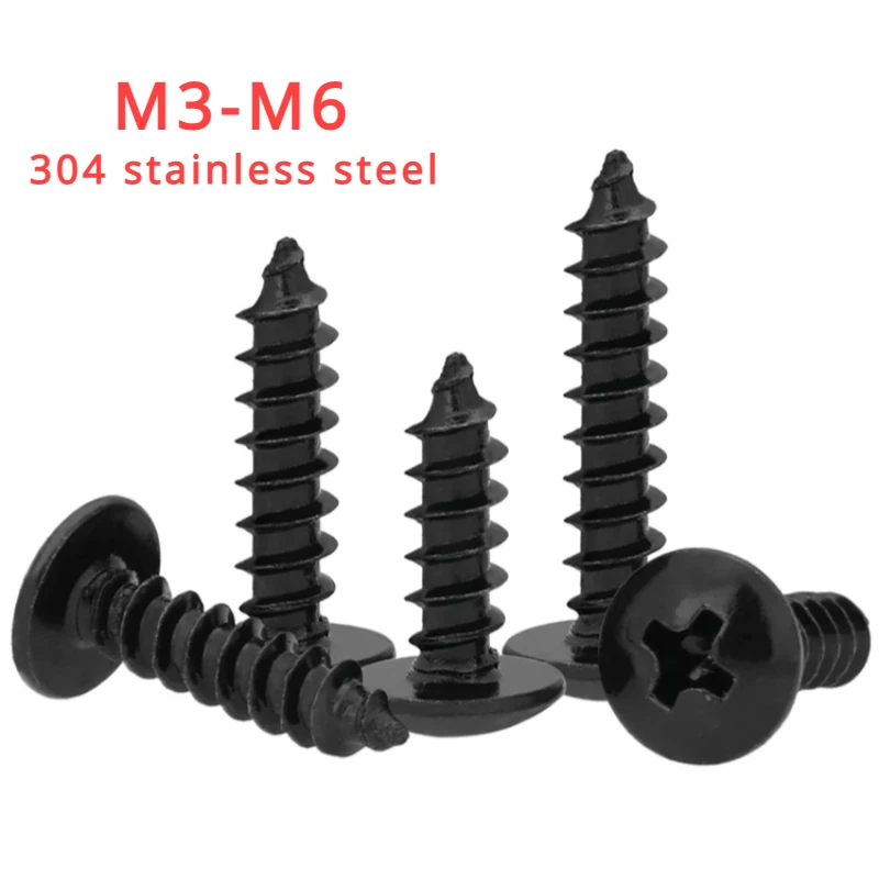 

Черные саморезы из нержавеющей стали 304, крестообразные винты с большой плоской головкой, саморезы по дереву M3-M6