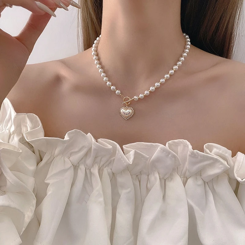 

Elegant Pearl Beads Necklace For Women Ladies Fashion Rhinestone Shell Heart Pendent Necklaces Choker Jewelry