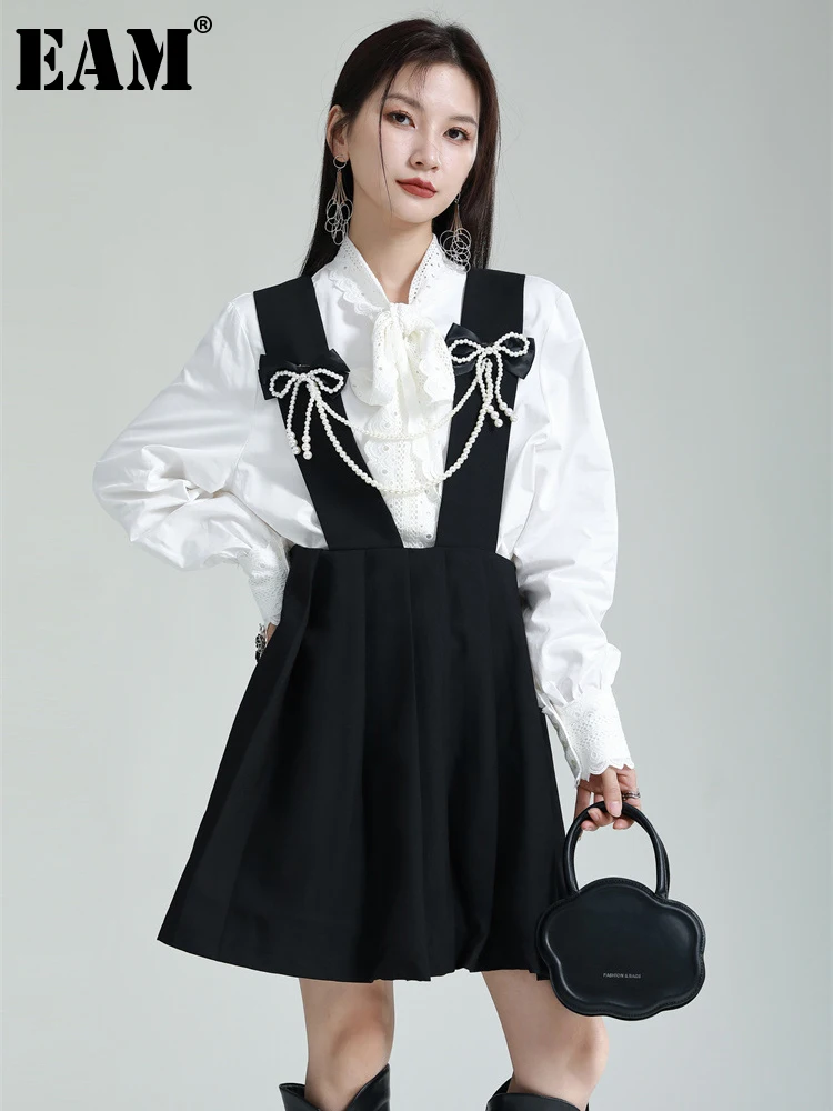 

[EAM] High Waist Black Bow Pleated Strap Casual A-line Half-body Skirt Women Fashion Tide New Spring Autumn 2023 1DF5746