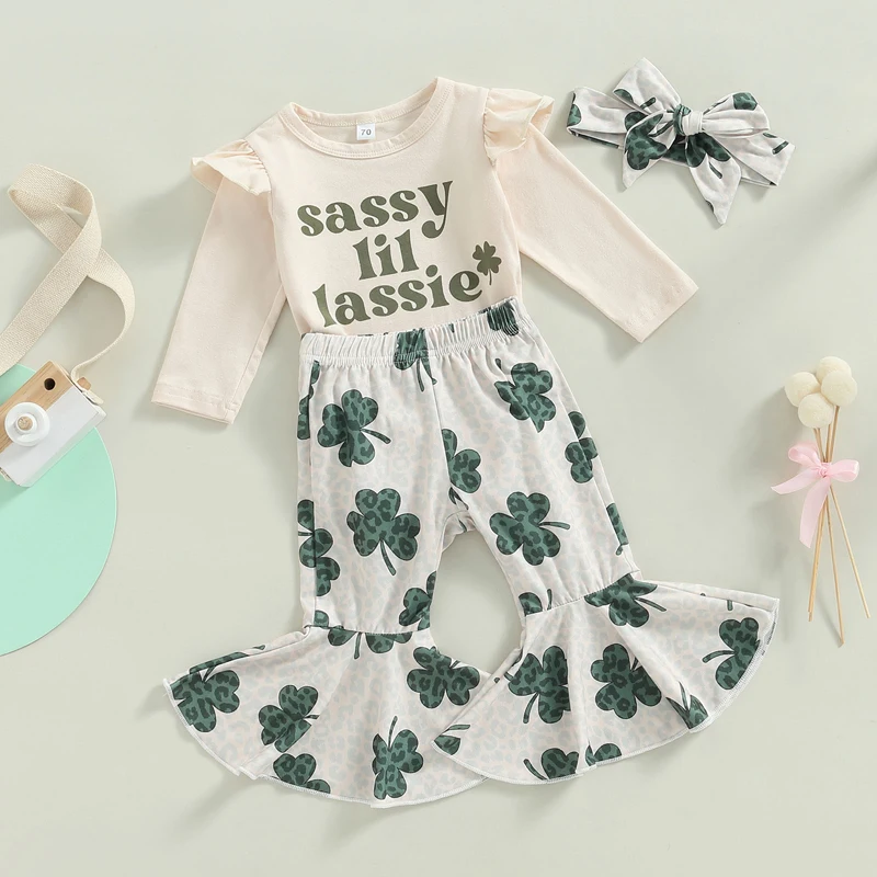 

Костюм для новорожденных девочек, комбинезон с оборками, зеленые расклешенные длинные штаны, Одежда для младенцев