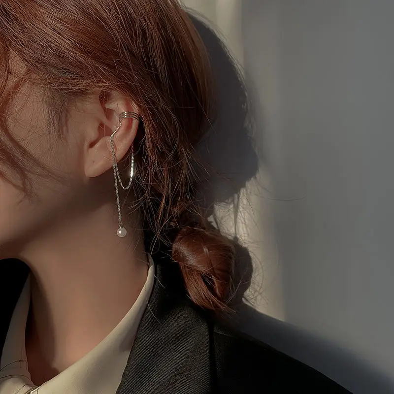 

1Pcs Vintage Tassel Chain Clip Earrings for Women Elegant Pearl Dangle Earrings Luxury Jewelry Female Trendy Minimalism Earrings