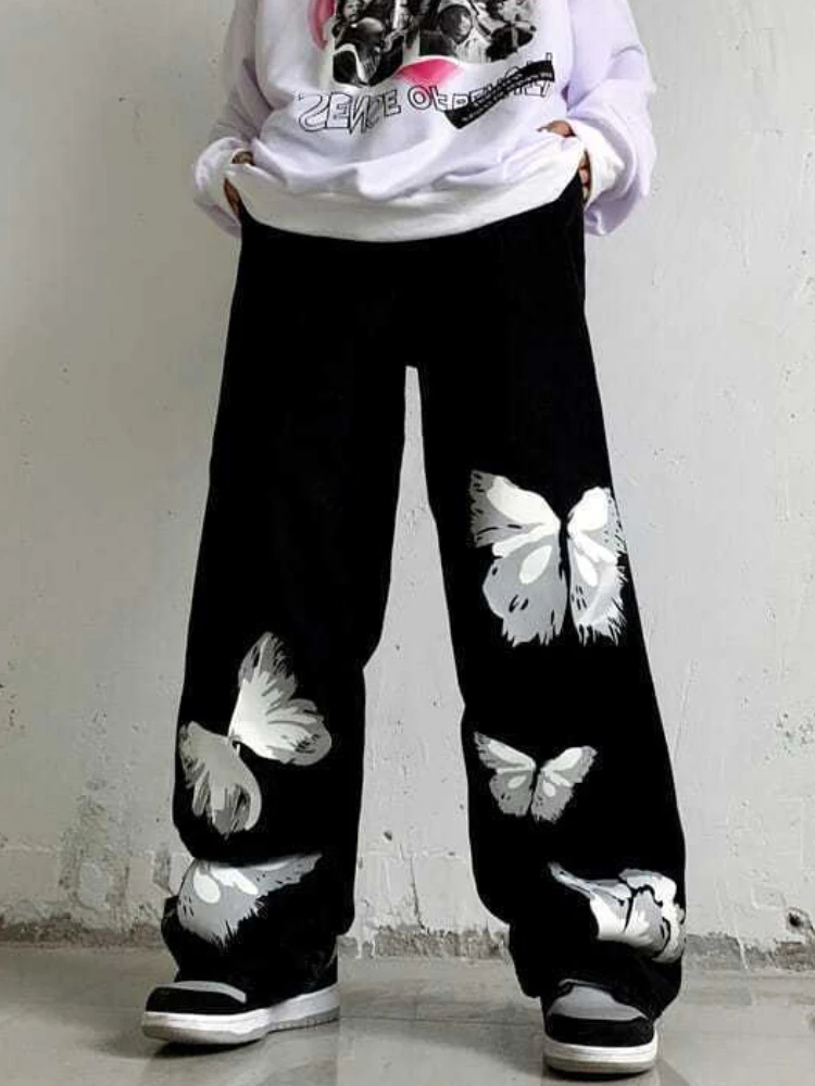 

y2k pants butterfly wide legged black women trousers long print street Harajuku high waisted jeans loose male straight slouchy