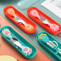 baby gadgets cartoon cat claw fork spoon children learning chopsticks baby infant food feeding spoon fork set with storage box