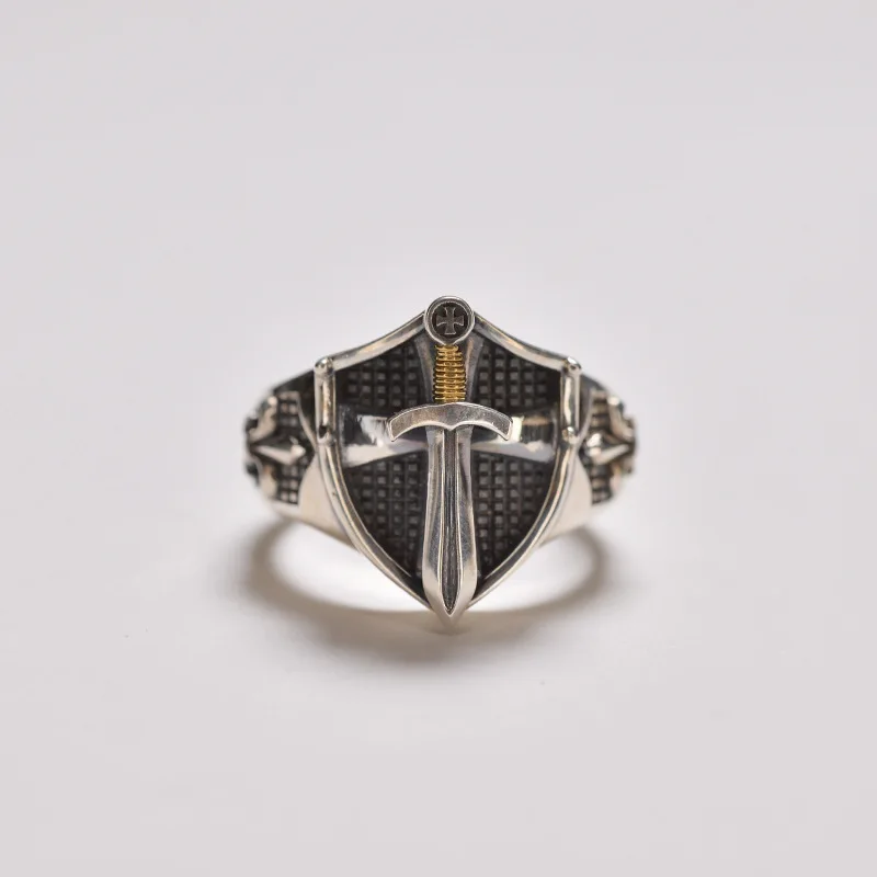 Fashion Excalibur Chop Ring Medieval Templar Mens Vintage Premium Shield Shape Trend Jewelry Gift