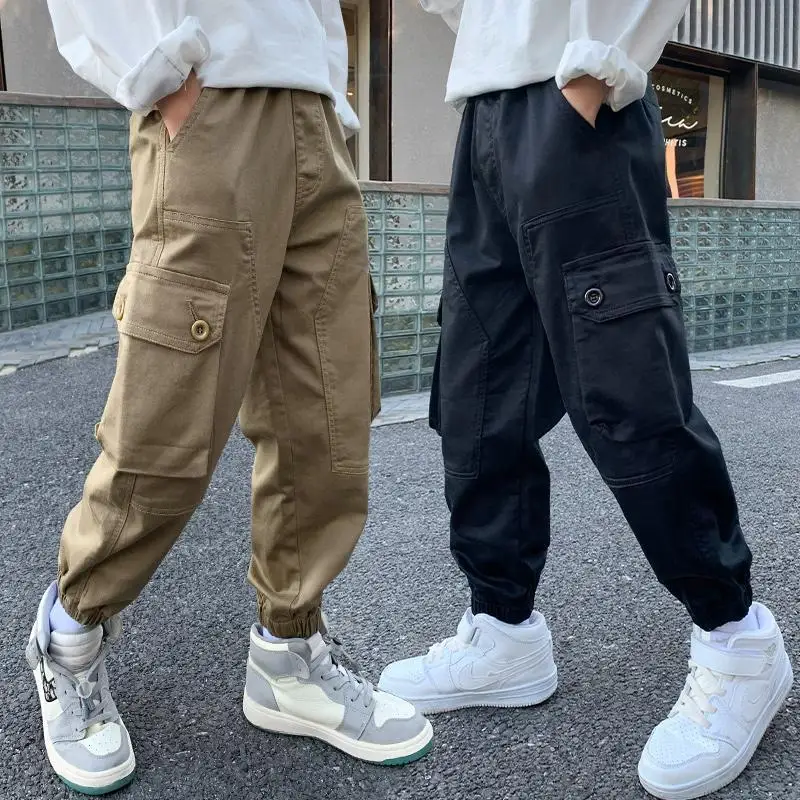 

2022 Spring Autumn Children Boys Fashion Casual Long Streetwear Loose Pants Kids Clothing Solid Cargo Multi-Pocket Trousers C27