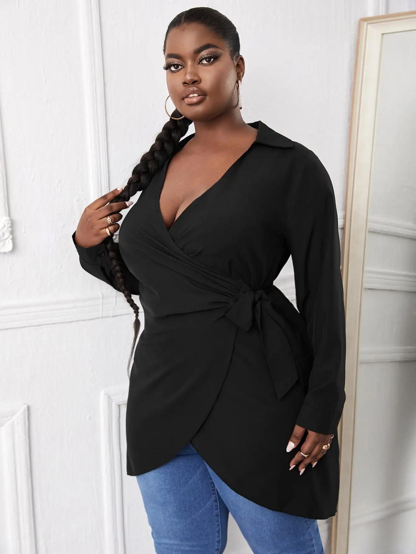 

EARO Women Plus Size 4XL Long Peplum Top Ladies 2022 Autumn V Neck Long Sleeve Blouses Casual Oversized T-Shirts Fall Clothing