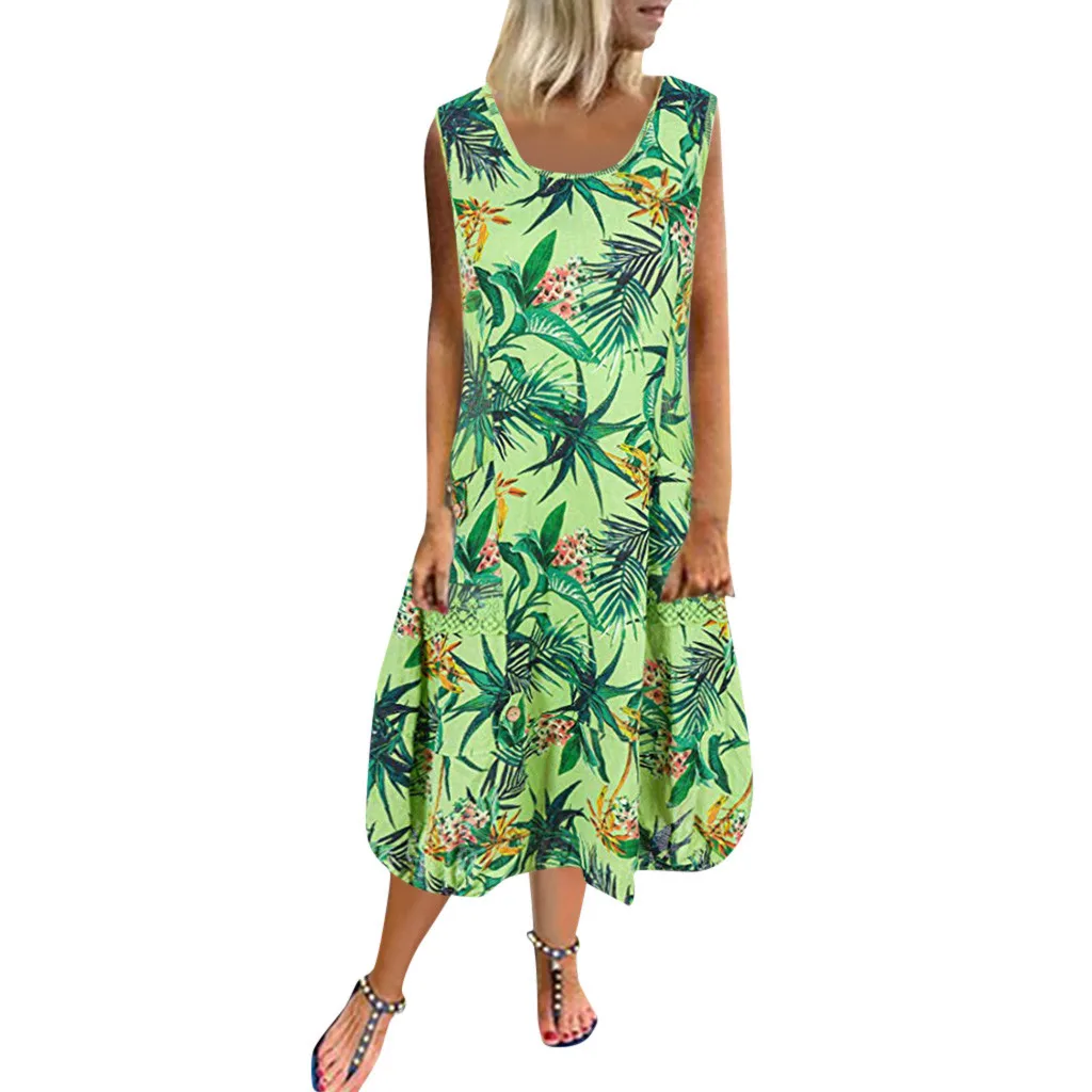 

Женское повседневное свободное пляжное платье с круглым вырезом, без рукавов, кружевное лоскутное платье с карманами и принтом, повседневн...