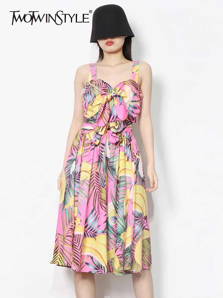 

TWOTWINSTYLE Sling Dress For Women V Neck Sleeveless High Waist Loose Print Colorblock Knee Length Dresses Female Fashion Style