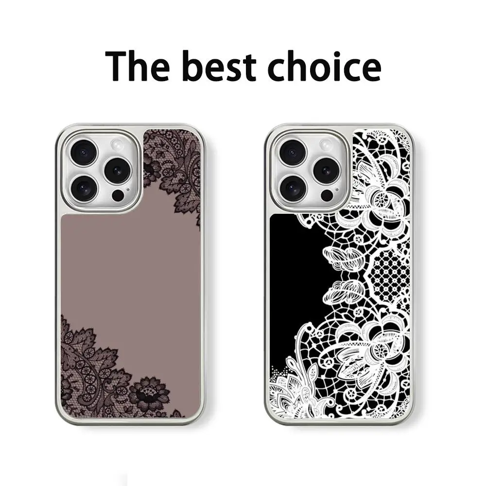 Фото Чехол для iPhone 16 15 14 13 12 11 Pro Max с черным кружевным принтом и узором, из овечьей кожи, с серебристой окантовкой, защитный чехол №3