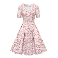 summer floral print v neck beads short sleeve a line high waist swing midi dress for women a line vintage vestidos