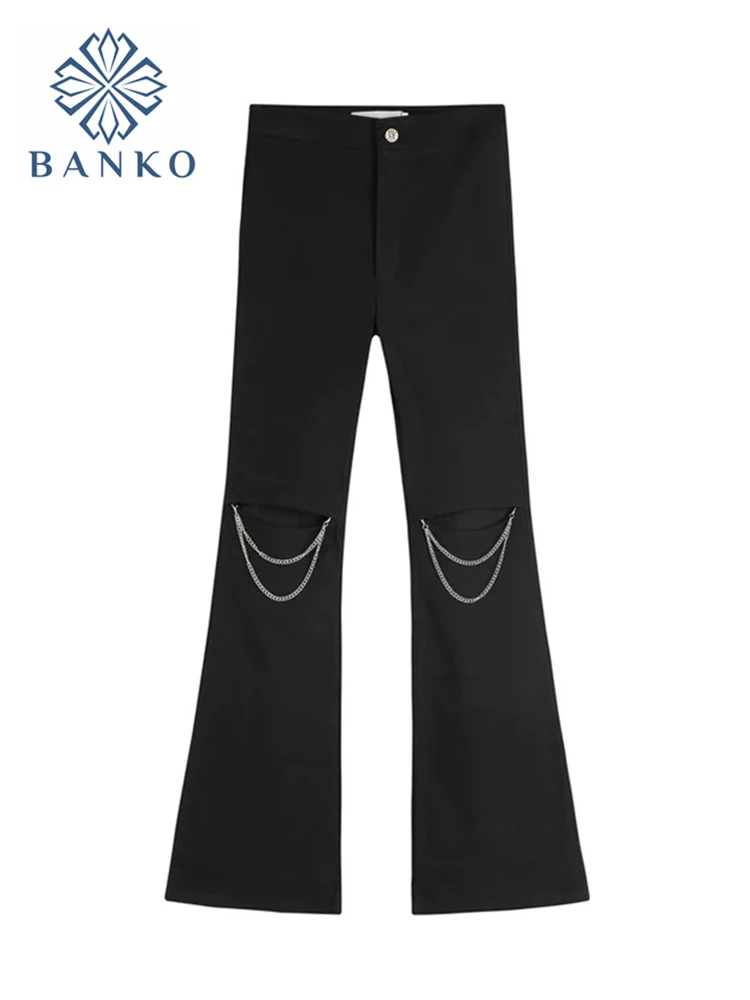 

2022 New High Waist Ripped Jeans Women Korean Fashion Vintage Slim Belt Chain Black Flare Pants All-Match Casual Trousers Mujer