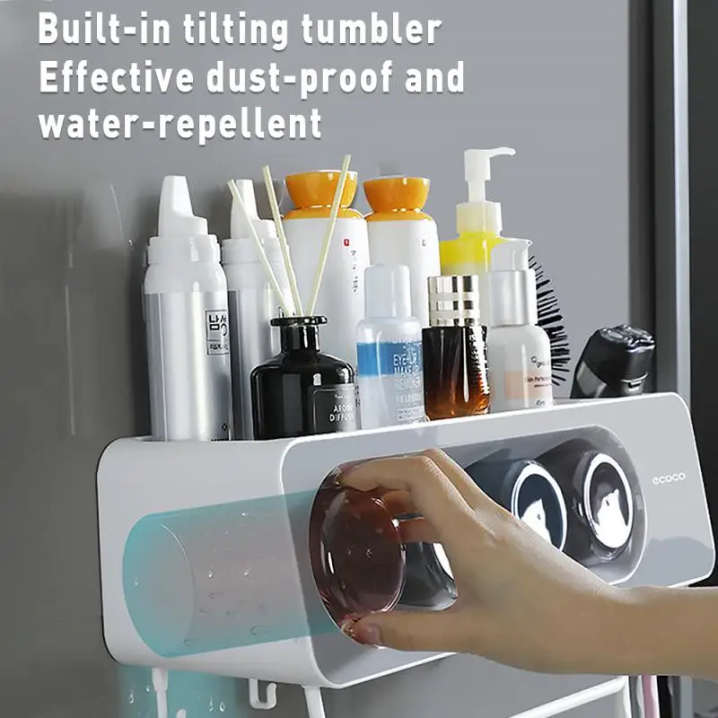 

Multifunctional Toothpaste Squeezer Dispenser Wall Mount Toothbrush Holder Large Storage Tray Easy To Install Inverted Baño