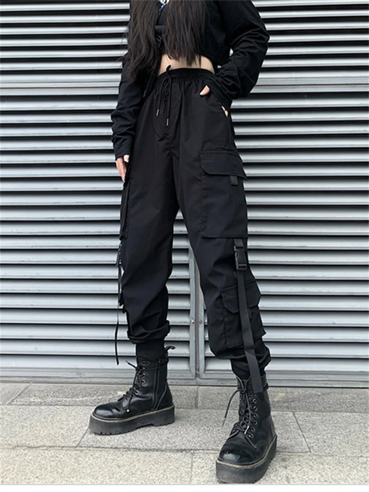 

Vintage Women Bottoms Black Bind Feet Cargo Pants Fashion Pocket High Waist Pants Casual Baggy Straight Trouser Ladies Summer