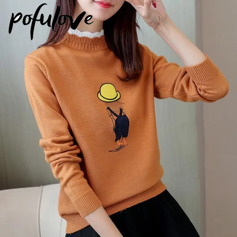 

Женский свитер с принтом, Короткий трикотажный Однотонный свитер с круглым вырезом и высоким воротником для осени и зимы, Прямая поставка