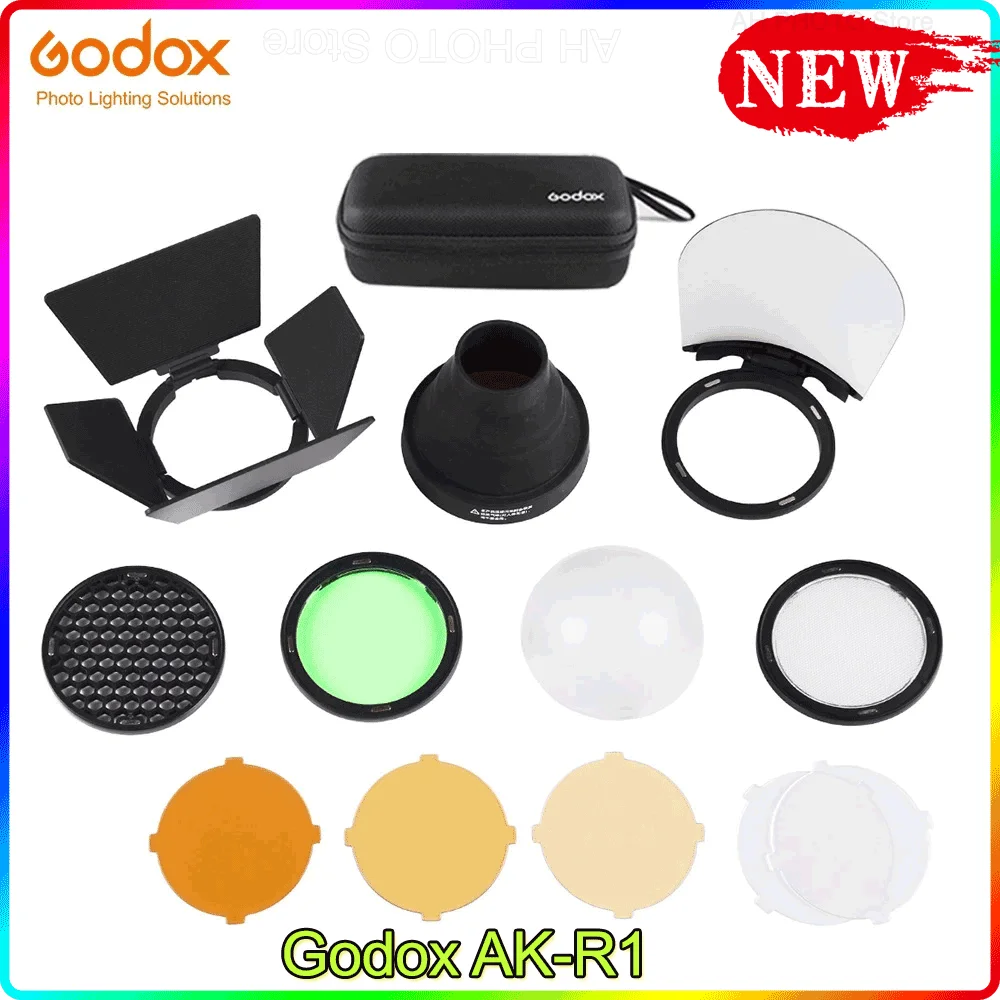 

Godox AK-R1 Barn Door, Snoot, Color Filter, Reflector, Honeycomb, Diffuser Ball Kits for Godox AD200 H200R V1 Round Flash Head