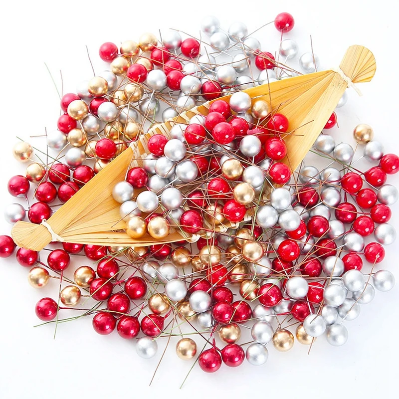 

50Pcs Mini Artificial Pearl Flower Stamens Cherry Berries Plastic Fake Fruit Wedding DIY Gift Box Decorated Christmas Wreaths