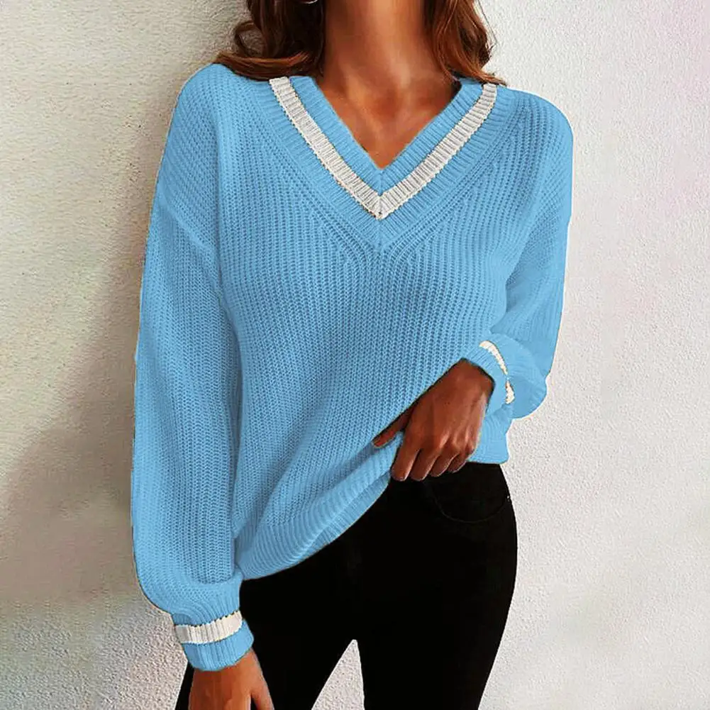 

Ribbed Cuff Long Sleeve Knitted Sweater Fall Winter Patchwork V-Neck Women Sweater Elastic Ribbed Cuff Sweater Jumper for Work