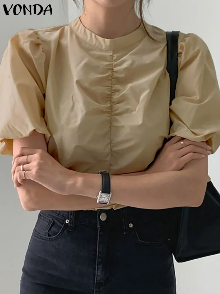 

VONDA 2022 Oversized Female Solid Pleated Short Chemise Summer Vintage Women Party Blusa Casual Short Puff Sleeve Street Blouse