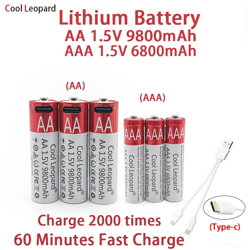 

Литий-ионная аккумуляторная батарея 1,5 в AA + 1,5 в AAA, быстрая зарядка от USB, литий-ионная батарея, для игрушечного пульта дистанционного управл...