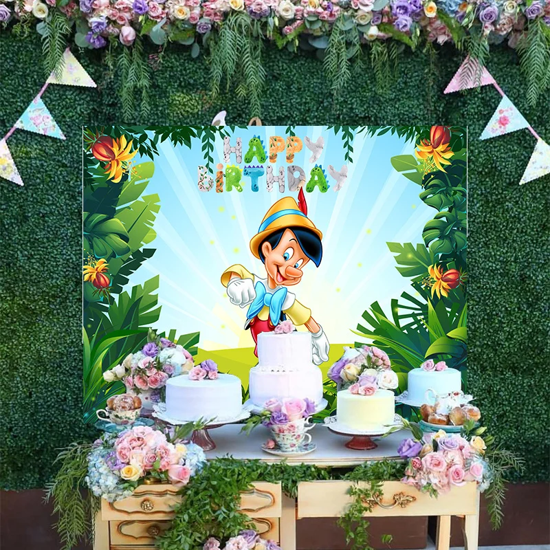 

Disney Cartoon Cute Newborn Baby Birthday The Adventures Of Pinocchio Backdrop Decoration Tropical Jungle Photo Background Party