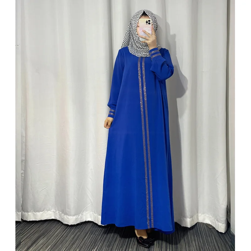 2022 Plus Size Diamond Shiny Boubou Long Sleeve Dress Black Bangladesh Women Lace Maxi Abaya Dubai Turkey Muslim Hijab Dress