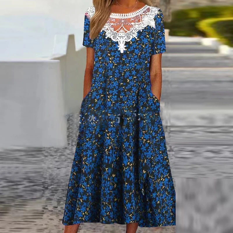 

Fashion Summer O-neck Party Dress Vintage Print Loose Pockets Dresses Casual Elegant Short Sleeve Pleated A-line Dress Office