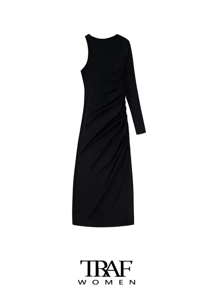 

TRAF Women Fashion With Draped Front Slit Midi Dress Vintage O Neck Asymmetric Sleeveless Female Dresses Vestidos Mujer