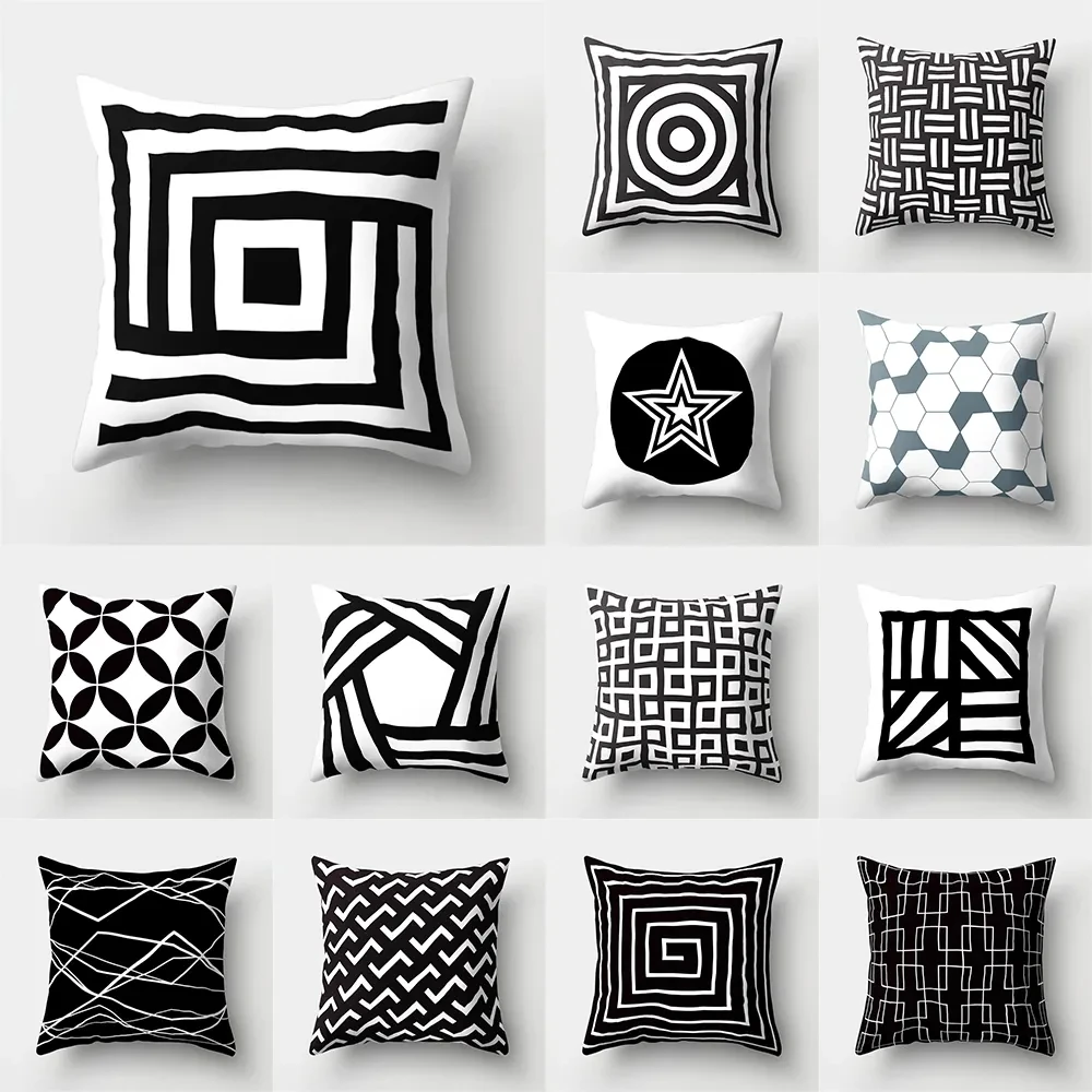 

Черно-белый квадратный узор, наволочка с индивидуальным принтом и геометрическими линиями, домашний декор, диван для гостиной 45x45 см f1850