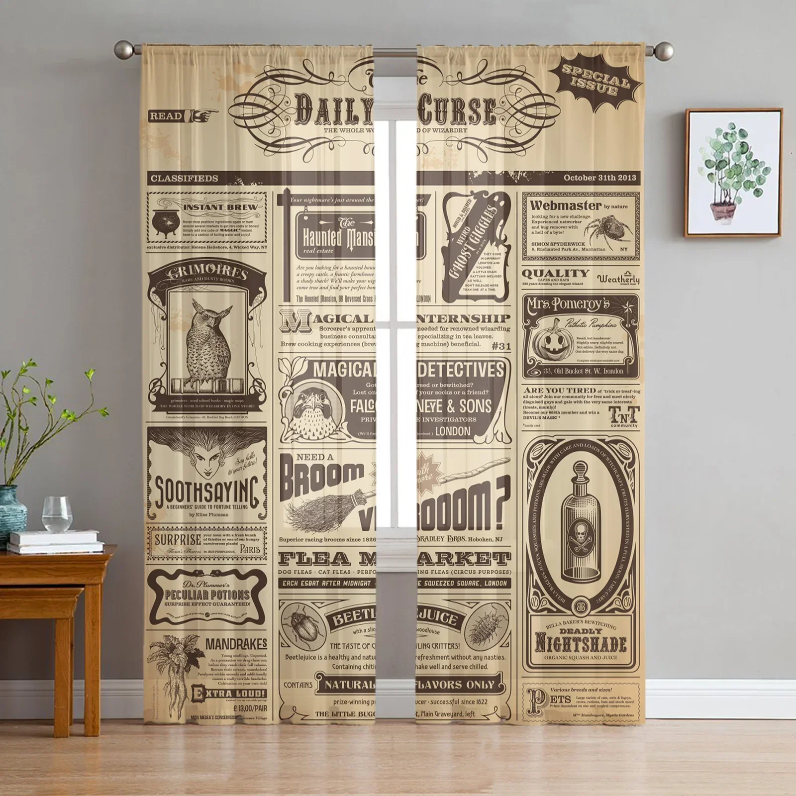 Old Newspaper Festival Halloween Tulle Window Curtains Living Room Organza Sheer Voile Curtain Bedroom Kitchen Home Decor Drape