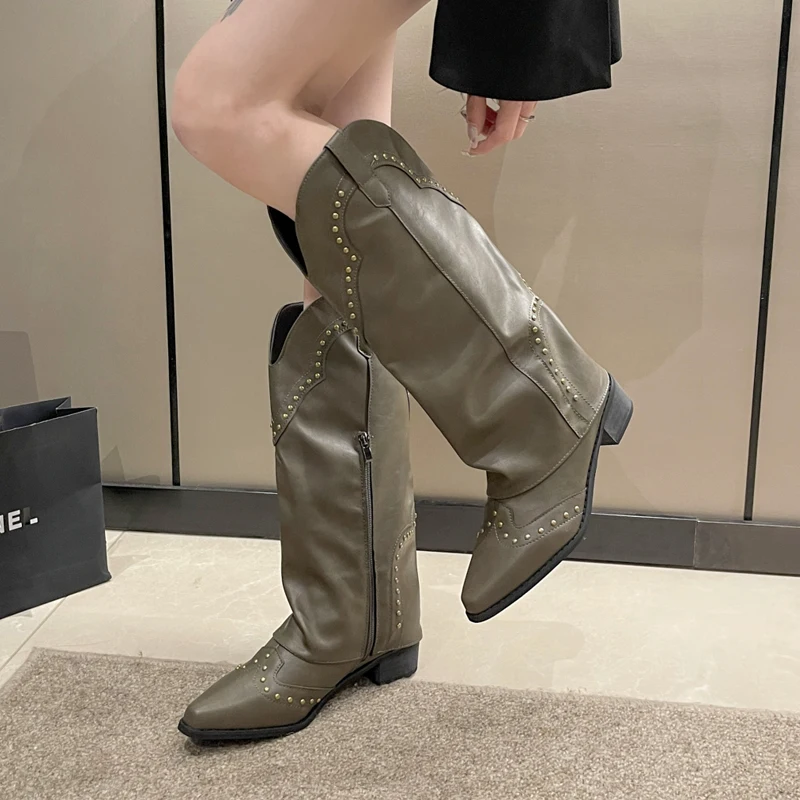

Army Green Cowboy Western Knee High Boots Woman Chunky Heel Pointed Toe Long Botas Ladies Stylish Motorcycle Shoes With Rivets