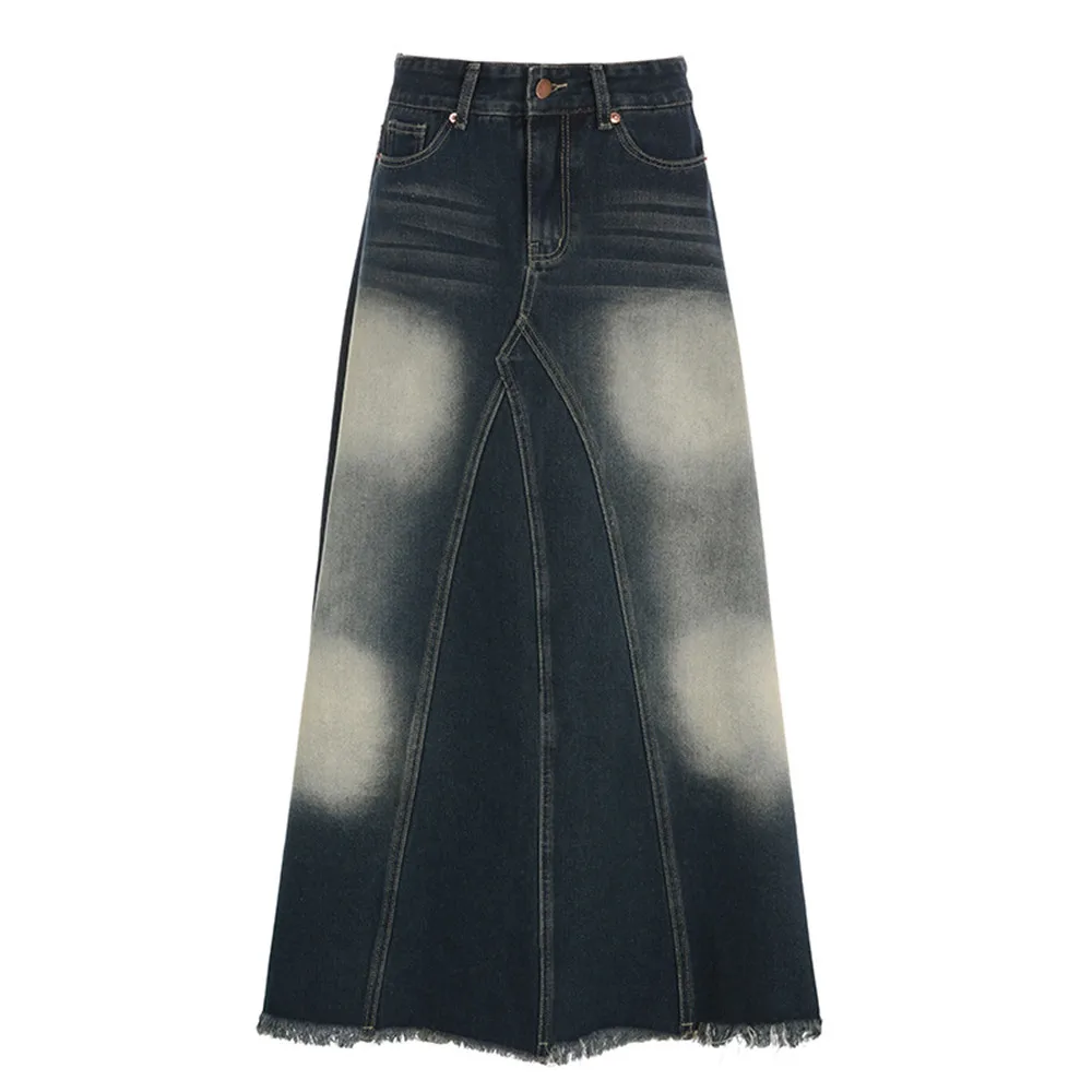 

Vintage Denim Long Skirts Woman 2023 American Retro Washed Black Jean Skirt High Waist Floor Length Denim Maxi Skirts