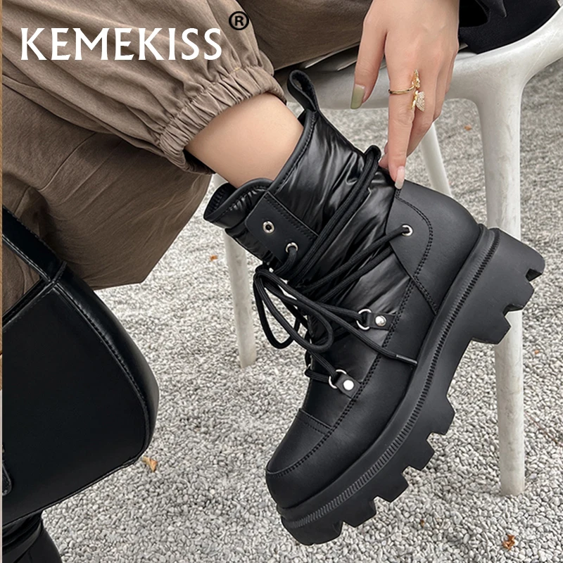 

KemeKiss Size 35-41 Women Snow Boots Fashion Thick Fur Warm Winter Heels Shoes Woman Lace Plush Ankle Boot Casual Lady Footwear