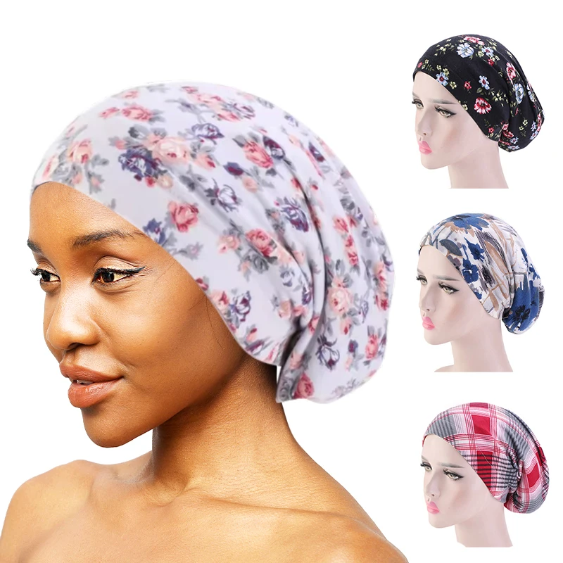 

Women Cotton Floral Print Baggy Hat Double Layer Satin Lining Soft Night Sleep Cap Ladies Elastic Headwrap Hair Care Chemo Cap