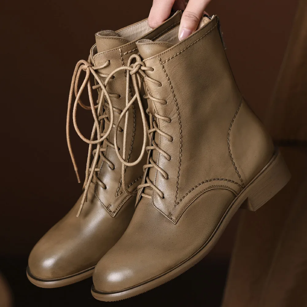 Ботильоны женские из натуральной кожи на шнуровке плоская подошва мягкие