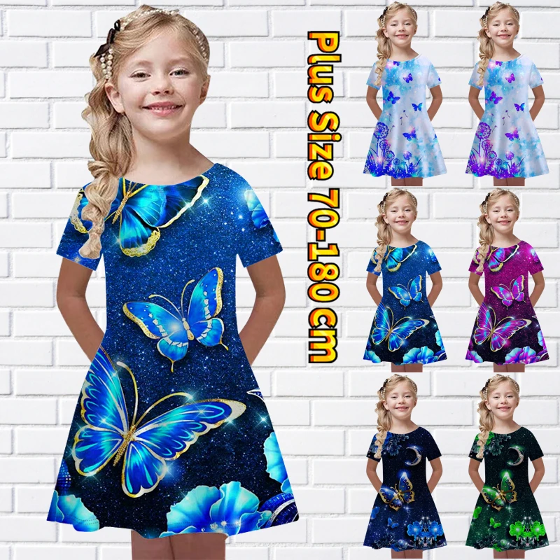 

Летняя юбка с принтом бабочки 2022, платье принцессы с круглым вырезом для маленьких девочек, повседневная юбка миди, Юбка До Колена, юбка с ко...