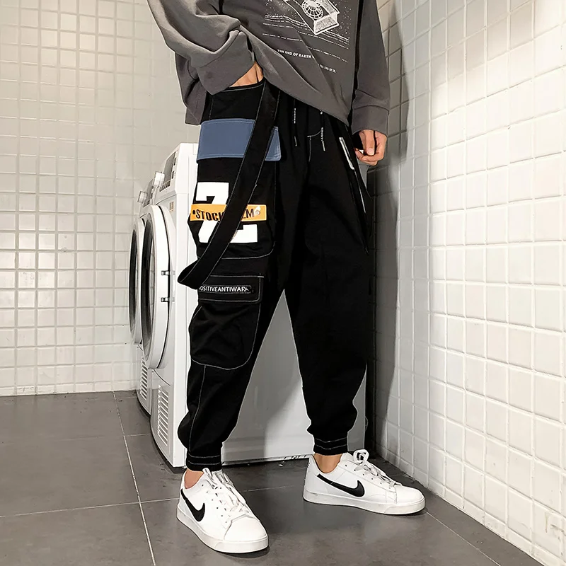 

2022 New Ribbons Cargo Pants Streetwear Men's Multi Pockets Harem Black Gray Casual Male Joggers Trousers Harajuku Man Pants