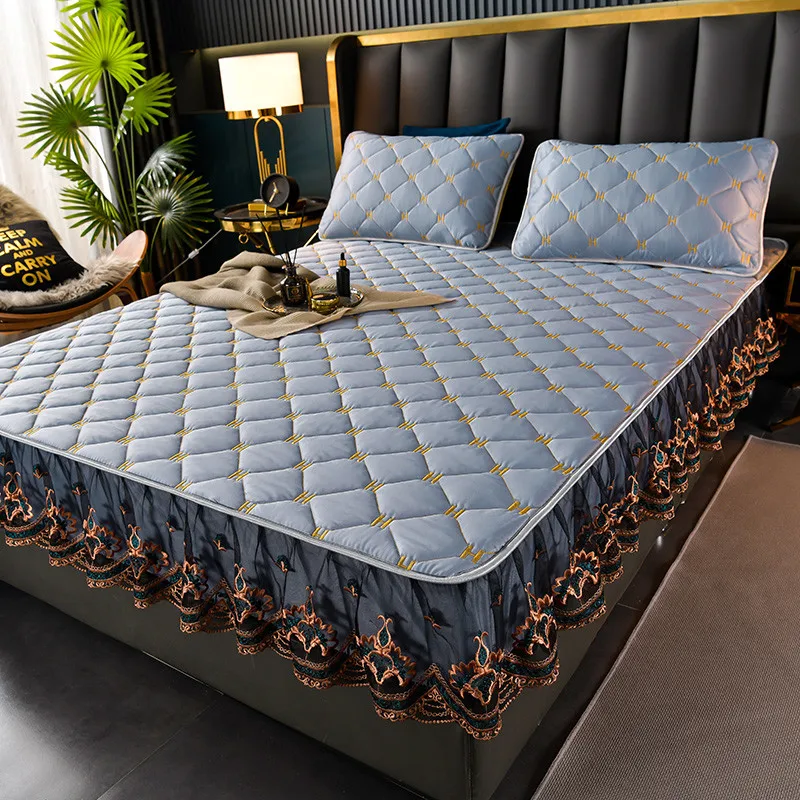 

Новинка 2022, шелковая стеганая кружевная простыня с юбкой, наматрасник, покрывала, покрывала, роскошное эластичное постельное белье