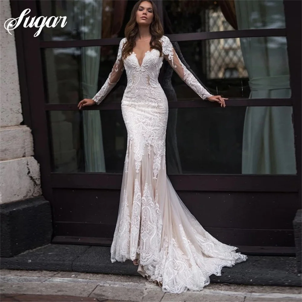 Gorgeous Long Sleeve Wedding Gown Lace Mermaid Wedding Dress Illusion Tulle Bridal Gown With Button Back Sheer O-Neck Train