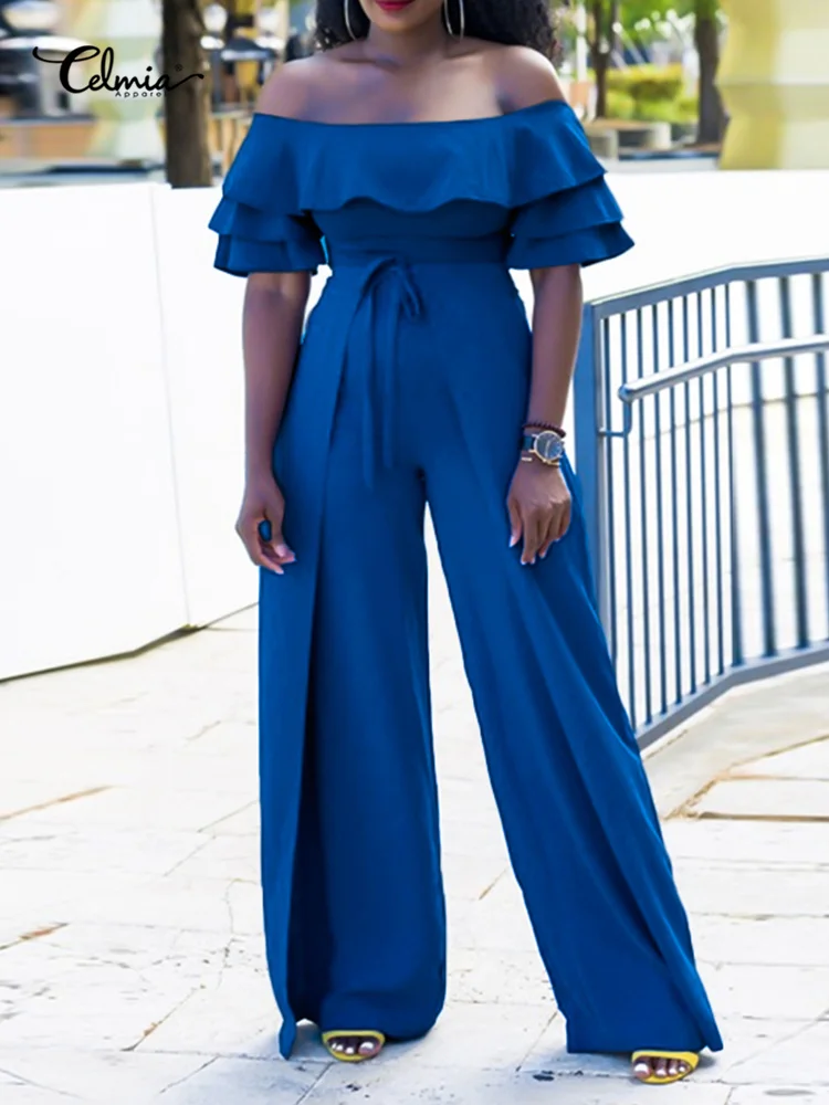 

Women Flare Sleeve Jumpsuits Celmia Summer Sexy Off Shoulder Layered Loose Romper Casual Patchwork Wide Leg Oversalls Streetwear