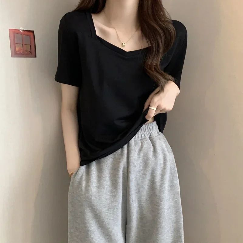 Новинка лета 2024 футболка с квадратным вырезом и коротким рукавом топ свободного
