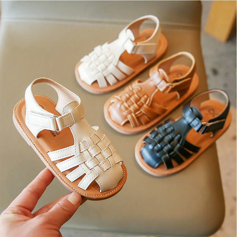 

2022 New Vintange Weave Solid Girl's Sandals Closed Toe Sandals for Girl Kids Baby Flat Girls Sandals Summer Kids Shoes F02234