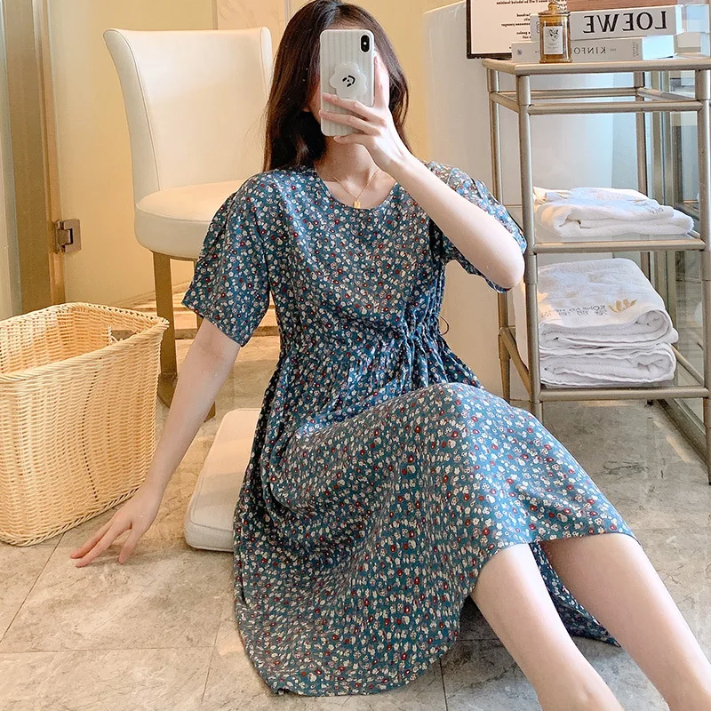2023Summer Short Sleeved Pajamas Women's Thin Cotton Silk Pajamas Home Wear Waist drawstring Fresh Oversized Cotton Silk Dresse
