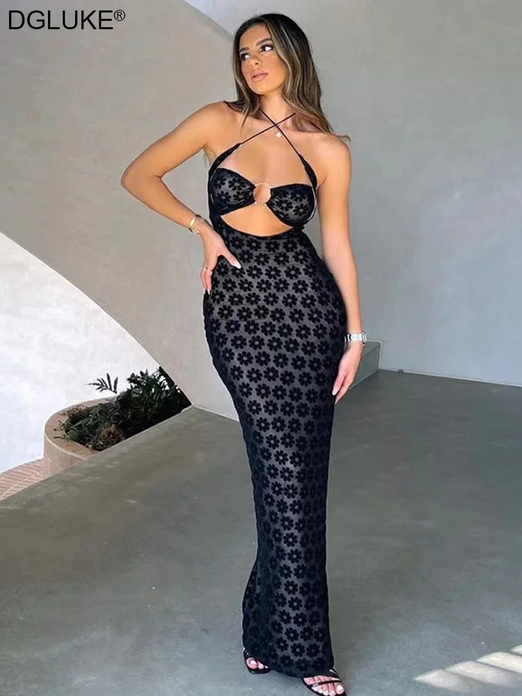 

Sexy Transparent Mesh Maxi Dress Women Halter Backless Cut Out Bodycon Dress Black Floral Long Beach Party Dress Night Club