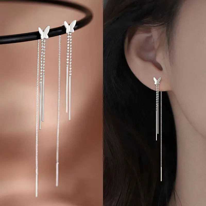 

New Simple Long Tassel Butterfly Drop Earrings Silver Color 2023 Fashion Hanging Women Earring Summer Jewelry Girls Party Gifts