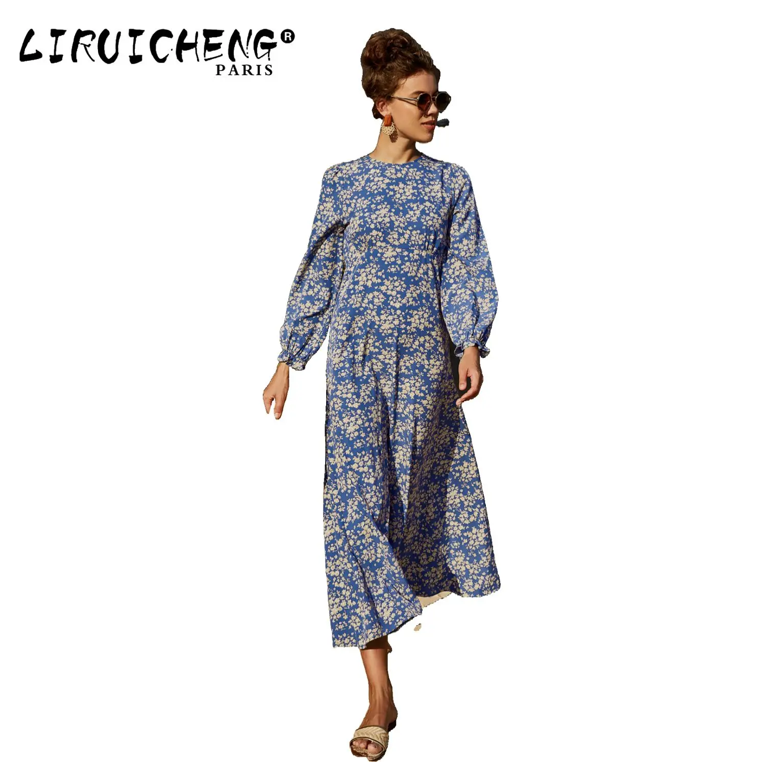 

2023 Women's Fashion Retro Floral Long Sleeve Spring Autumn Closing Waist Slim Temperament Medium Length Large Hem Dress